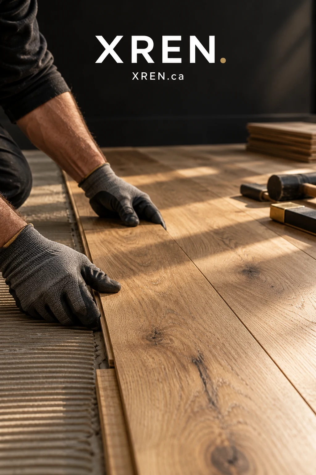 XREN.ca concept image of a craftsperson aligning oak flooring